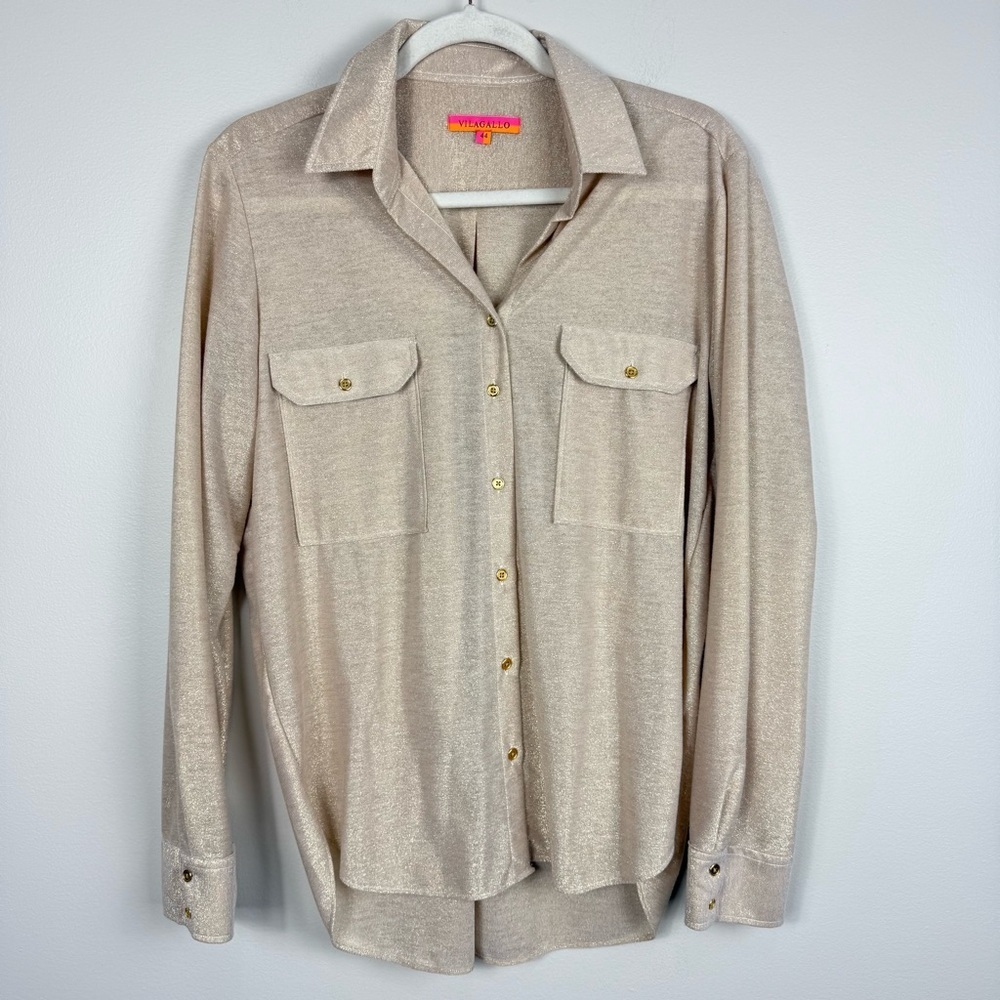 Vilagallo Gold Shimmer Button Up Blouse Womens EU 44 Coastal Long Sleeve Preppy